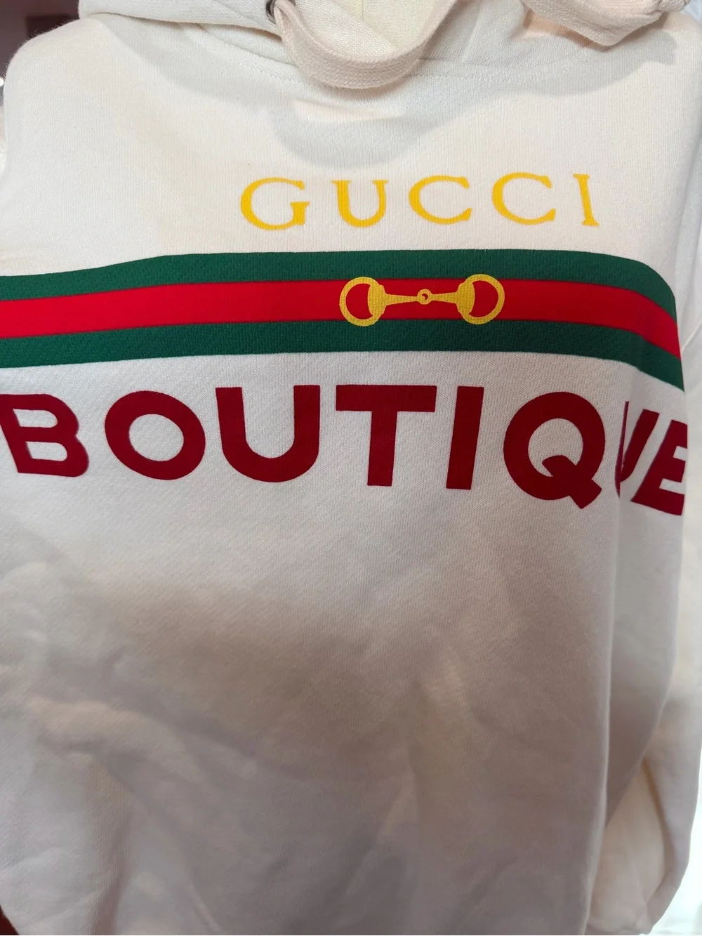 Gucci Cream Sweater with Black Trim and Red Stitching